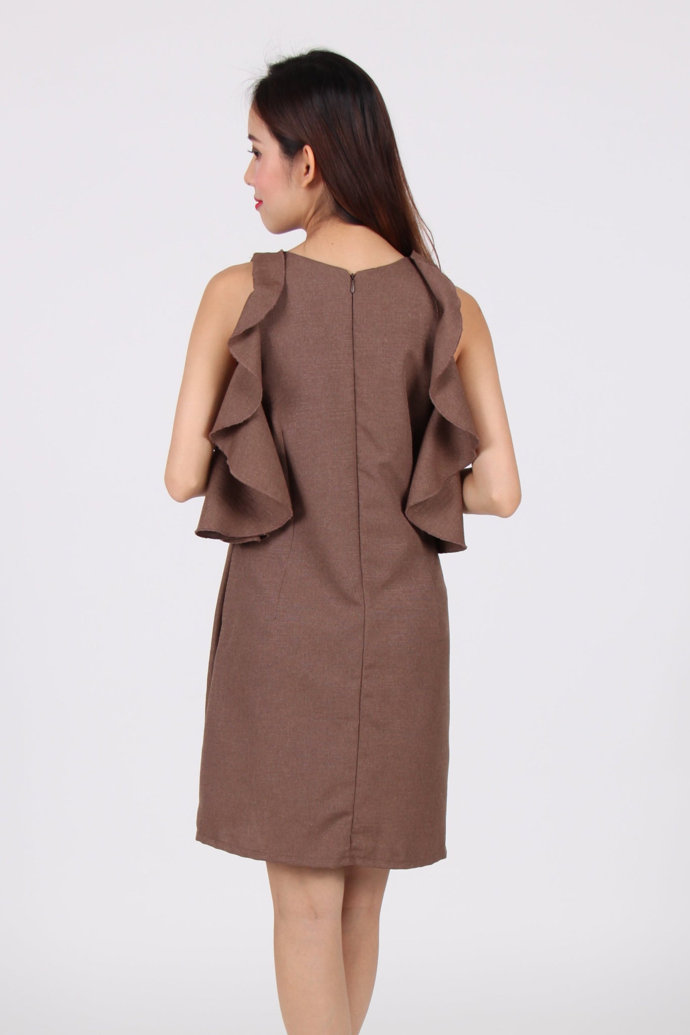 Wide Ruffles Sleeve Shift Dress in Brown