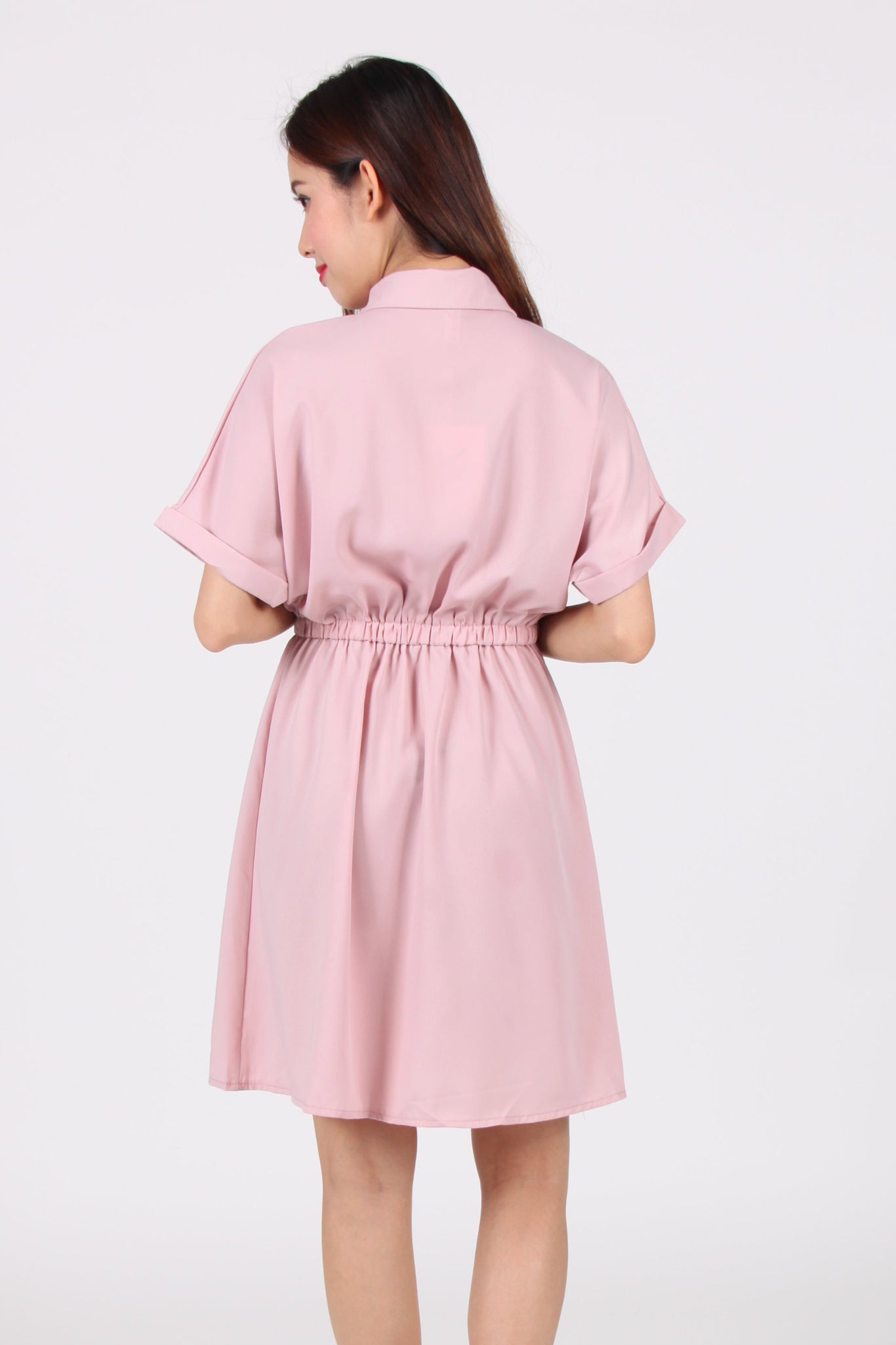 Collar Waist Tie Bat Wing Shirt Dress in Pink