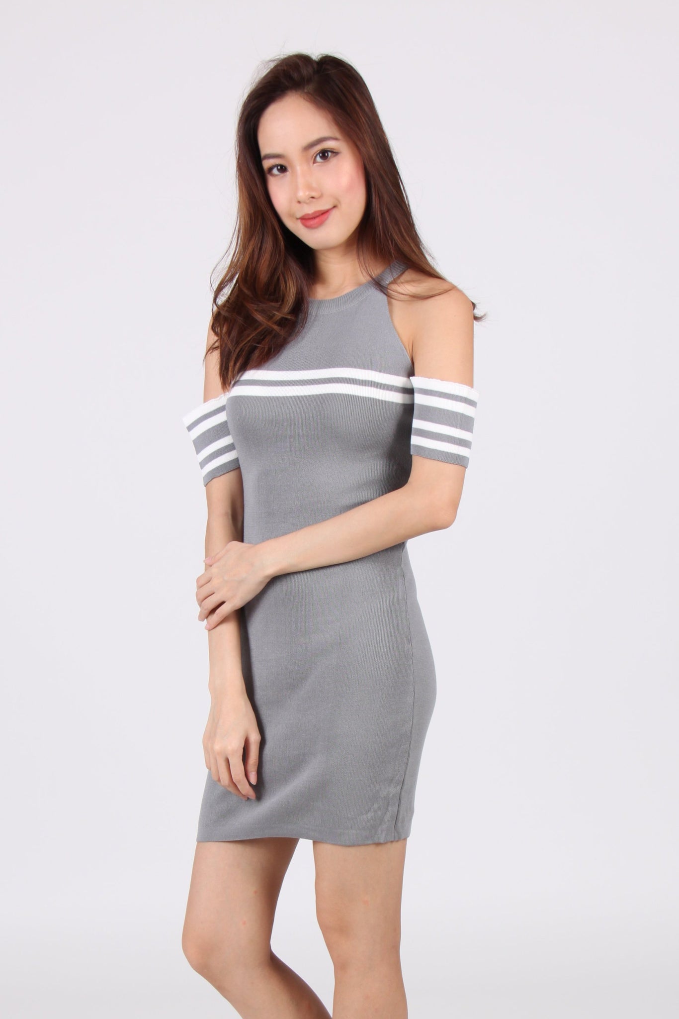 Contrast Stripes Drop Shoulder Bodycon Dress in Light Grey