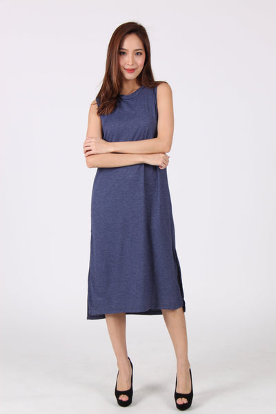 Basic Sleeveless Side Slit Midi Dress in Navy Blue