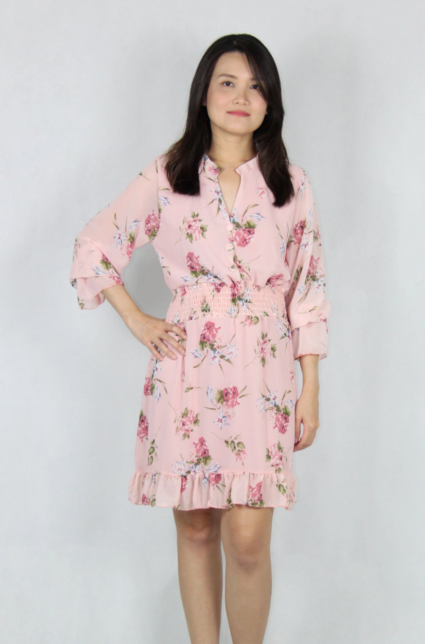 Long Bell Sleeve Floral Dress in Pink