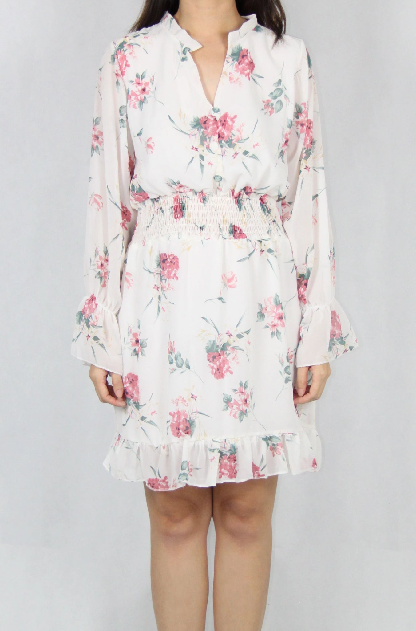 Long Bell Sleeve Floral Dress in White