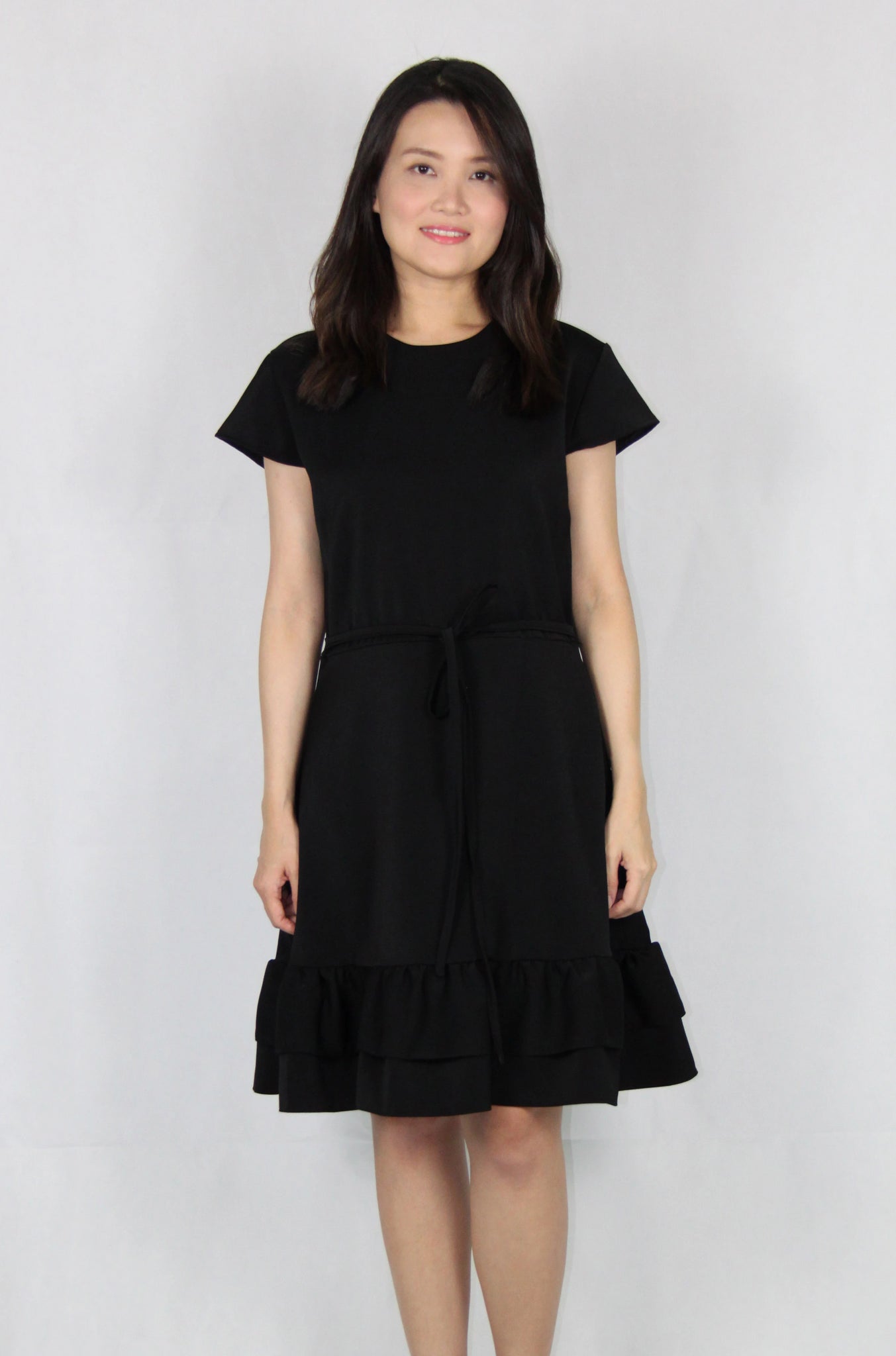 Cap Sleeves Double Layer Front Tie Dress in Black