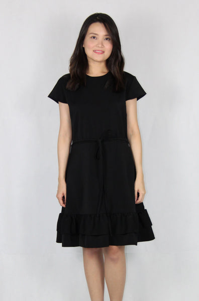 Cap Sleeves Double Layer Front Tie Dress in Black