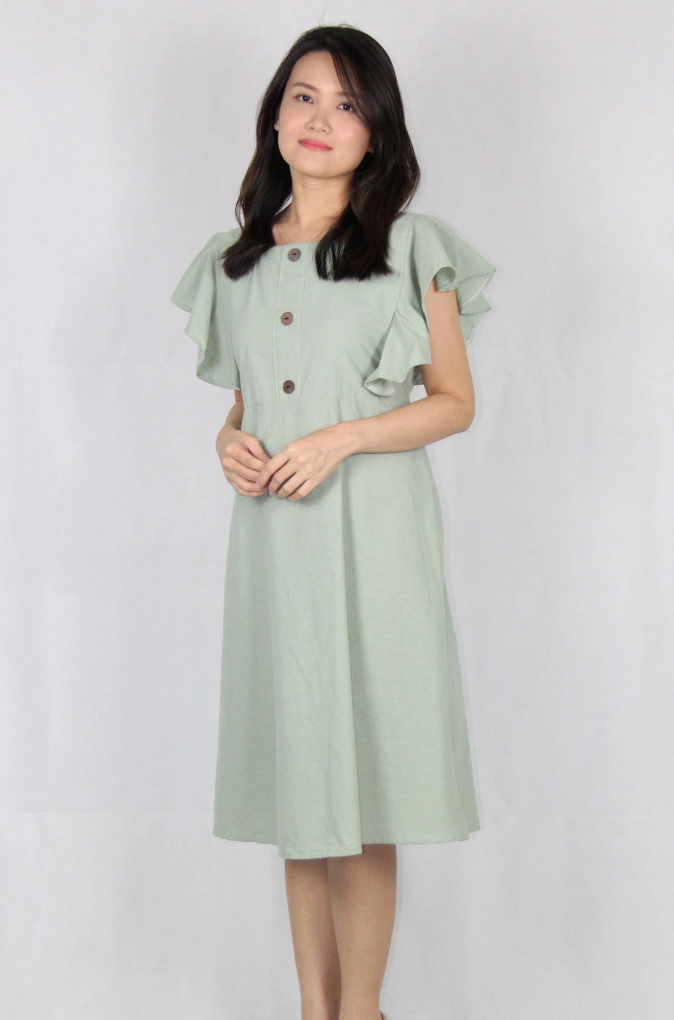 Square Neck Ruffles Sleeve Flare Dress in Green