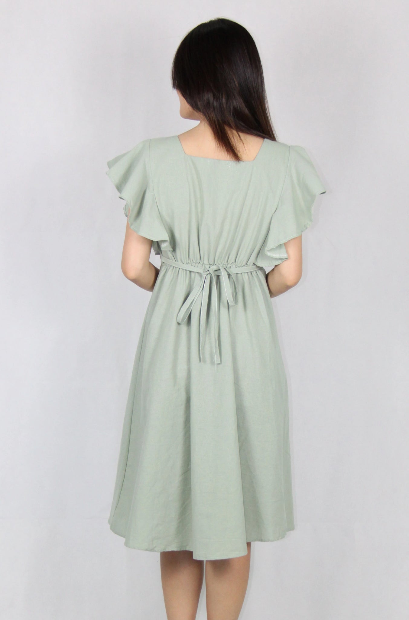 Square Neck Ruffles Sleeve Flare Dress in Green