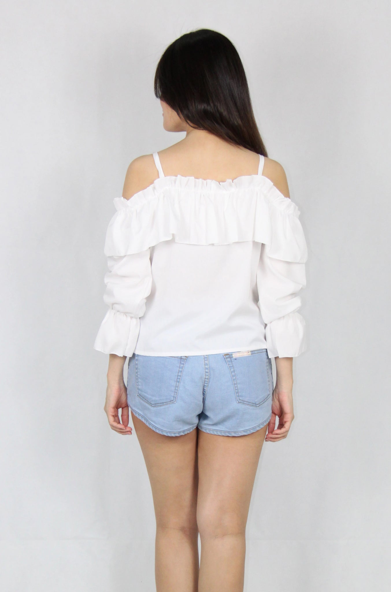 Ruffles Long Sleeve Cold Shoulder Top in White